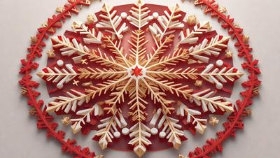 The primary subject of the image is a large, intricately designed wooden snowflake. The snowflake is the main object, scene, or focus of the image. The setting is a white background, which provides a clean and uncluttered environment for the snowflake. The visual style is a combination of digital art and illustration, as the snowflake is created using a combination of wood and digital elements. The colors and mood of the image are predominantly red and white, giving the